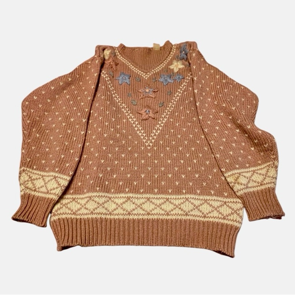 Melbourne Hand Knit Pink Sweater with Embroidered Floral Pattern neck. Medium